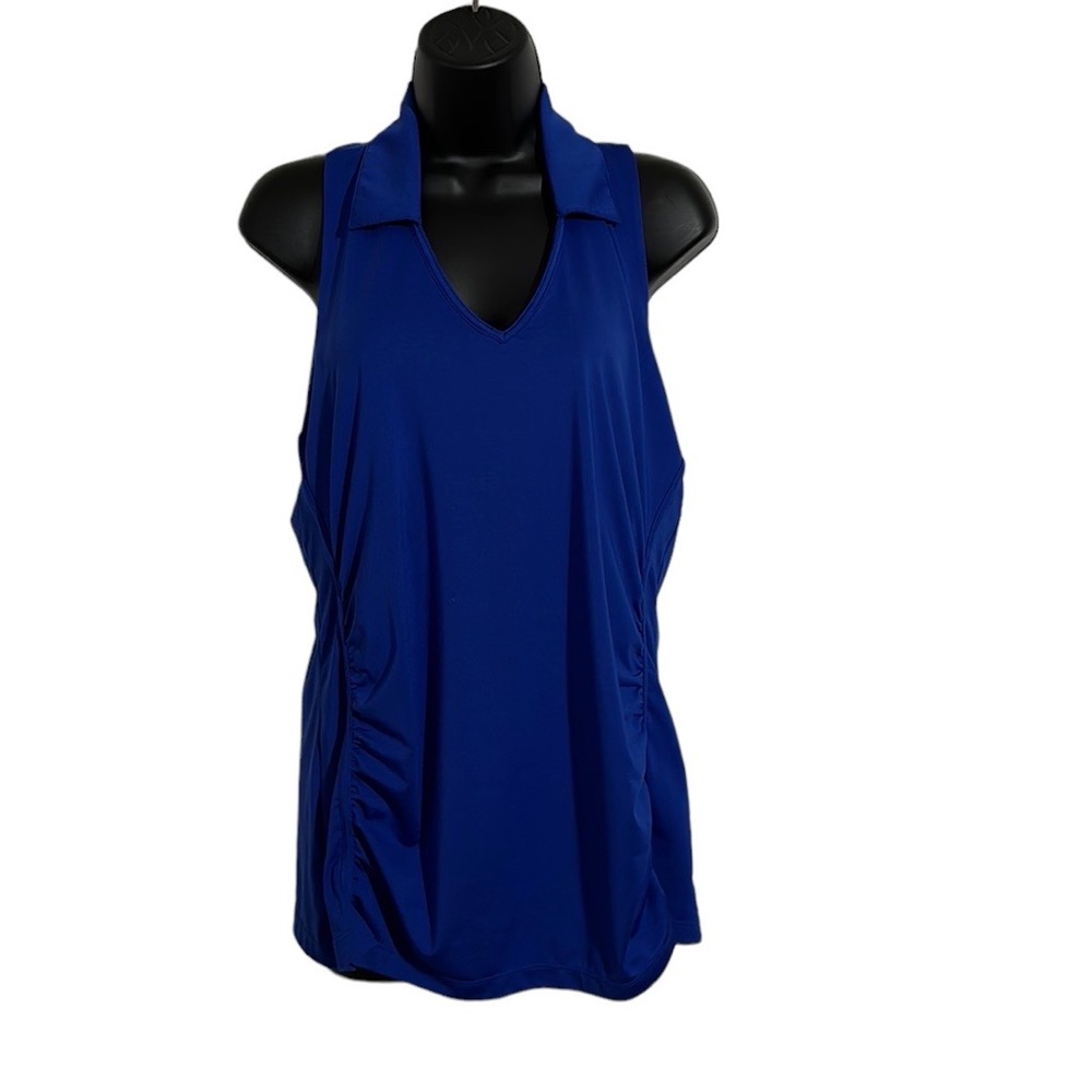 EP Sport Blue Sleeveless V-Neck Ruched Popover Golf/Tennis Top Sz L
